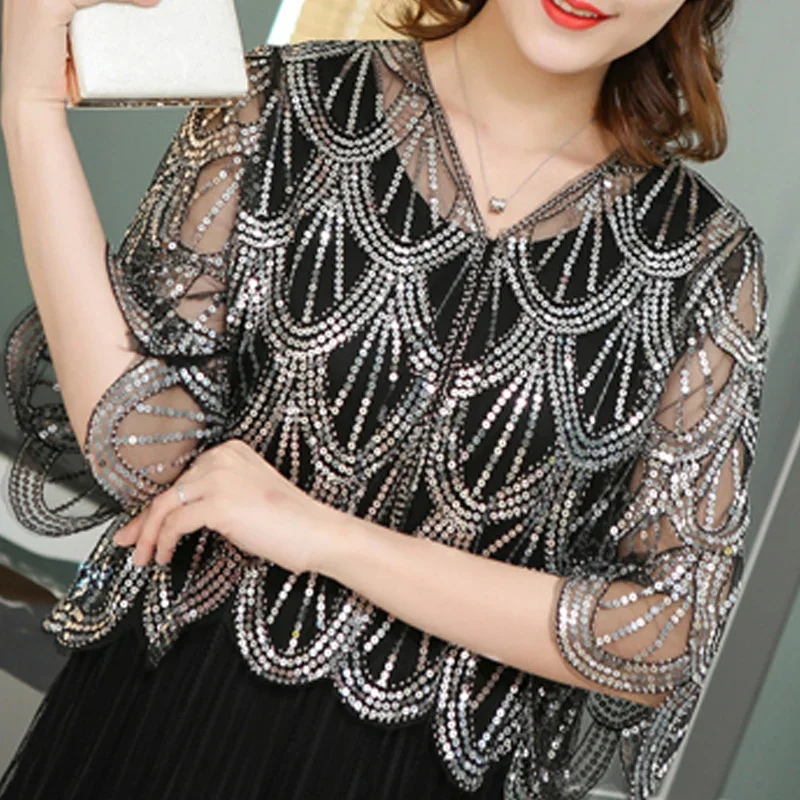 Women Jacket 2024 V-neck Short Cardigan Women Little Shawl Cape Summer Short Sleeve Sequins Hollow Lace Dress Shawl Jackets Z354