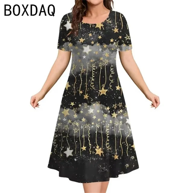 Women's Summer Dresses Vintage Gradient Print Elegant  A-Line Dress Big Size Short Sleeve Round Neck Casual Loose Dress Vestidos