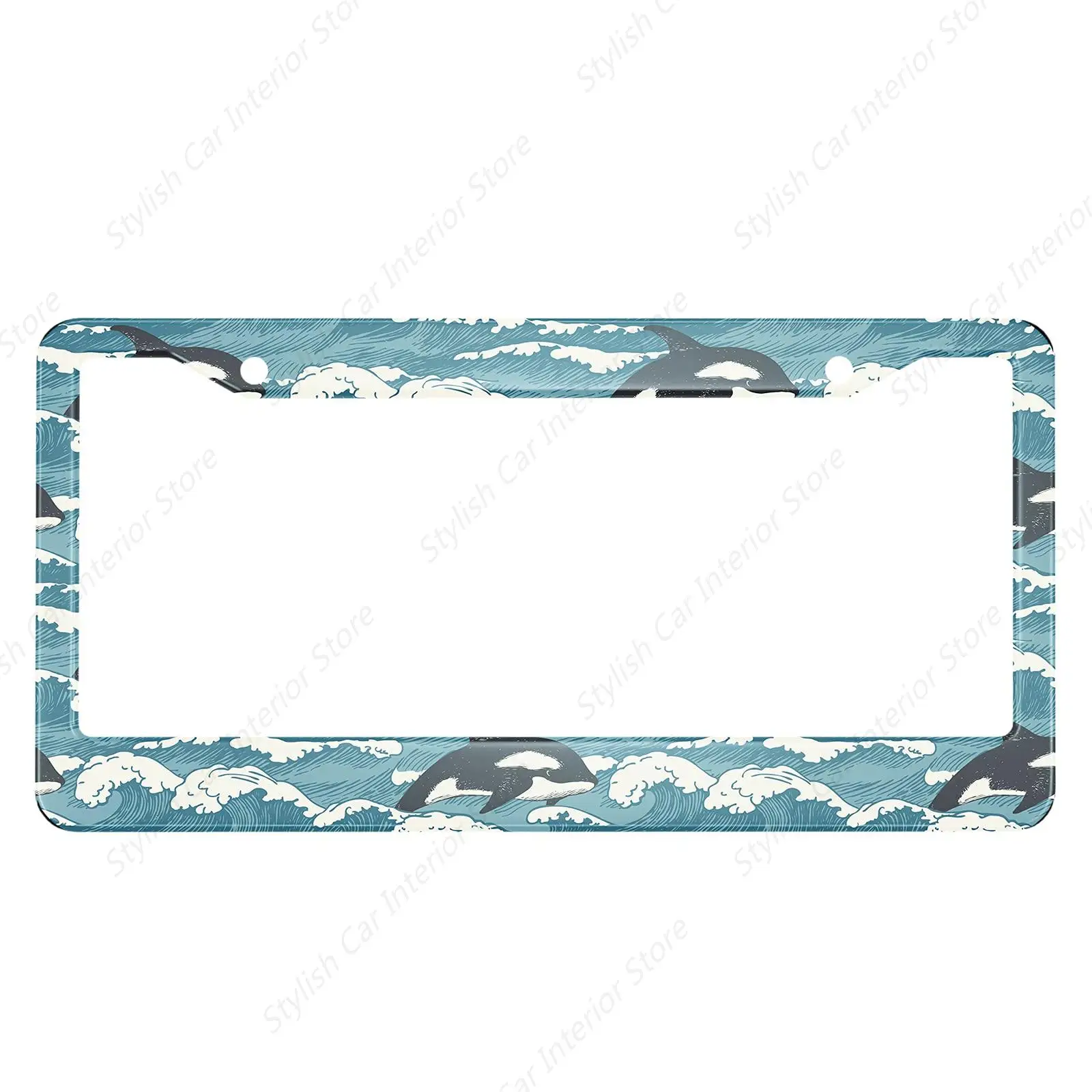 Waves and Sharks Blue License Plate Frame Blue Storm Waves with Sea Whales License Plate Cover Aluminum Metal License Plate