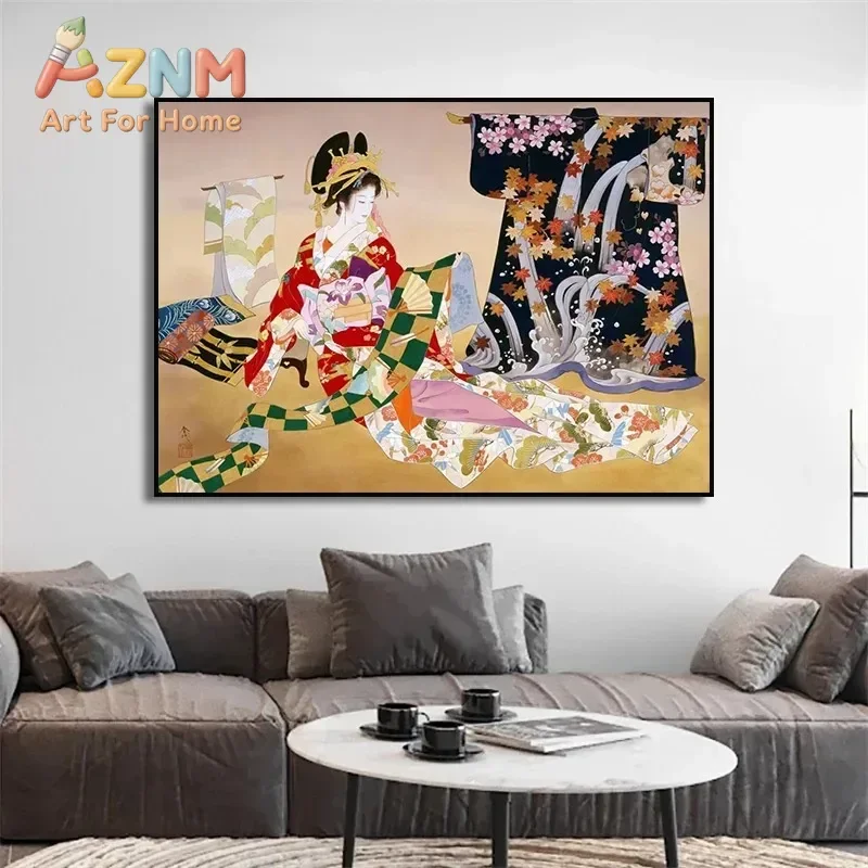 AZNM Frameless Canvas Wall Art, Japanese Geisha Kimono Traditional Figure Print, Decor for Tea Room Living Room Oriental Wall