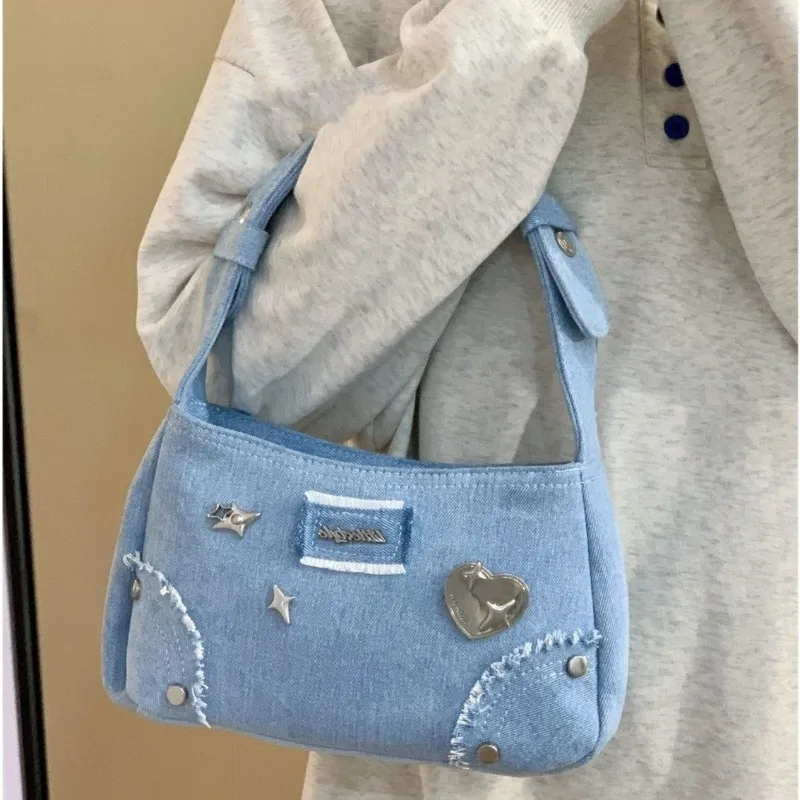 Fashion Y2K Bags 2024 New Chic Design Denim Blue Shoulder Bags for Women Harajuku Trendy Rivet Underarm Bag Bolso сумка