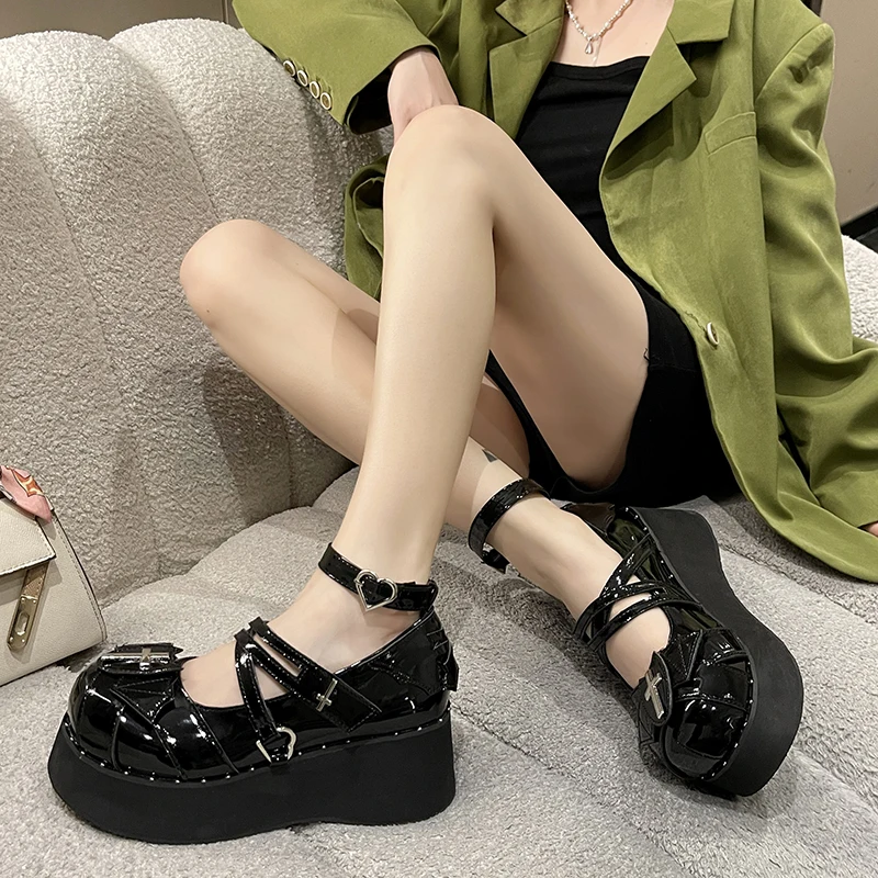 Women\'s Gothic Mary Jane Shoes Metal Decoration Punk Lolita Platform Shoes Woman Cross Tied Wedges Y2K Pumps College Style