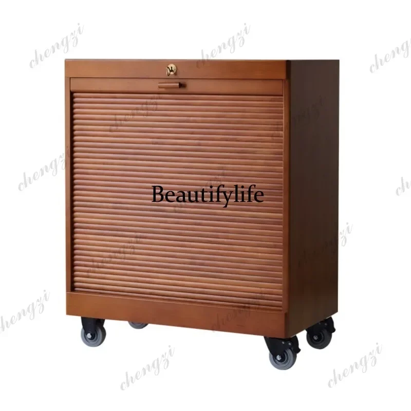 03 retro file locker, cherry wood medieval cabinet mobile rolling shutter door sundries side cabinet