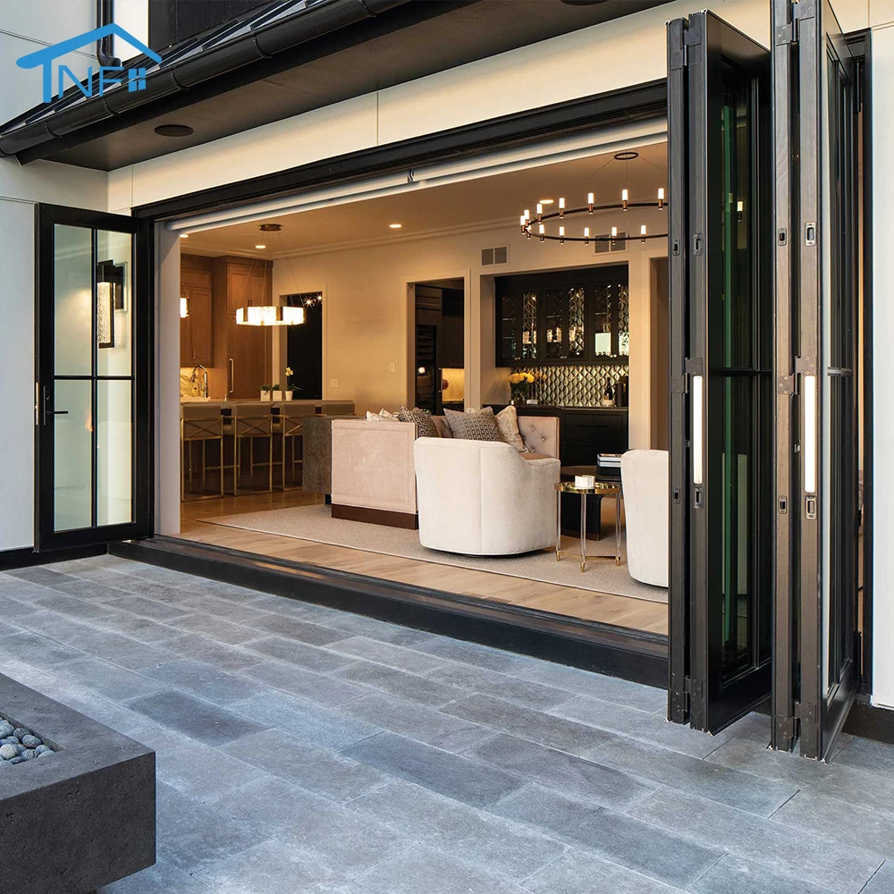 

Custom NFRC AS2047 Foshan NF Modern Design Folding Double Tempered Low-e Waterproof Glass Doors Patio Aluminum Folding Doors