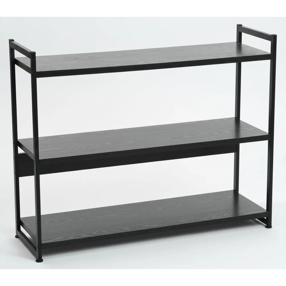 

Modern 3-Tier Open Bookshelf Black Oak Wood Grain Metal Storage Shelf for Small Spaces Home Office