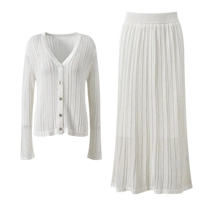 

CHUJIE Women's French style Knit Set Sequined Hollow Top & Midi Skirt Party Elegant-Viscose Nylon Blended Fabric