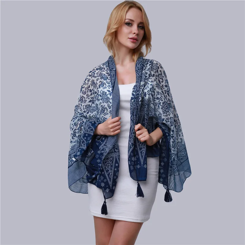 Women Scarf 2023 Tassel Long Wraps Summer Elegant Blue And White Porcelain Print Female National Style Beach Shawls