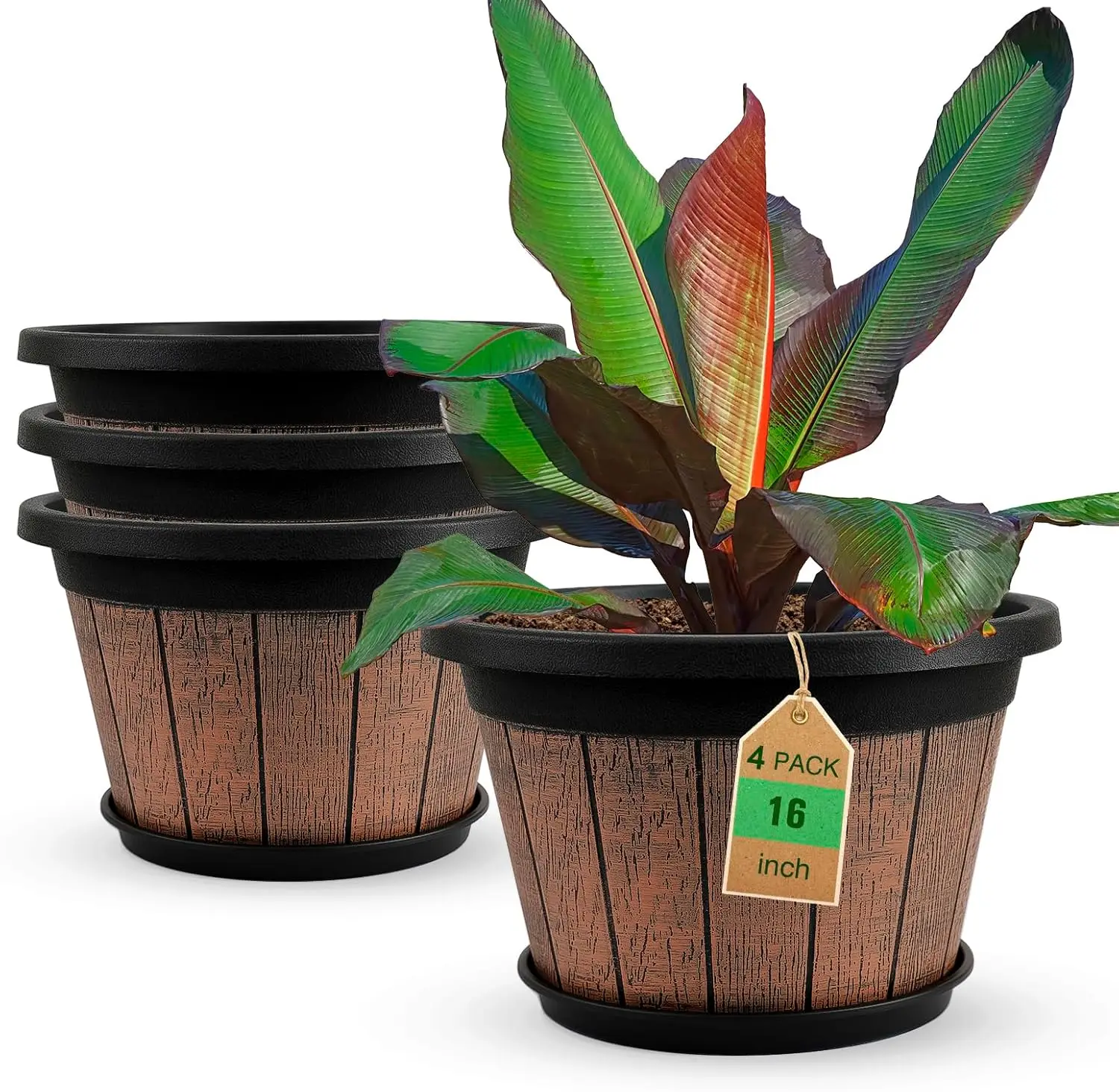 

Large 4-Pack 16 Inch Whiskey Barrel Planters with Drainage Holes & Saucer, Retro Plastic Flower Pots for Indoor Outdoor Garden