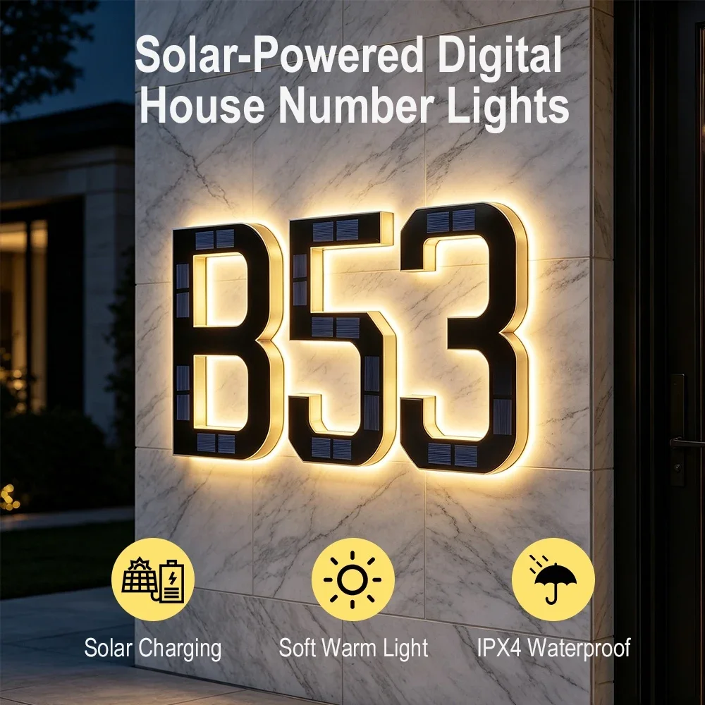 Solar House Number Light LED Address Sign Warm White Lamp, Automatic On/Off Waterproof Lantern for Villa Yard Fence Doorplate