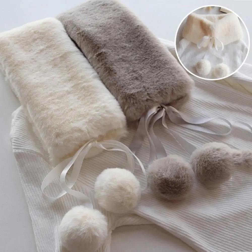 Winter Warmer Scarf Plush Ball Neck Warmer Shawl Solid Color Faux Rabbit Fur False Collar Scarf Fluffy Soft Hairball Neck Scarf