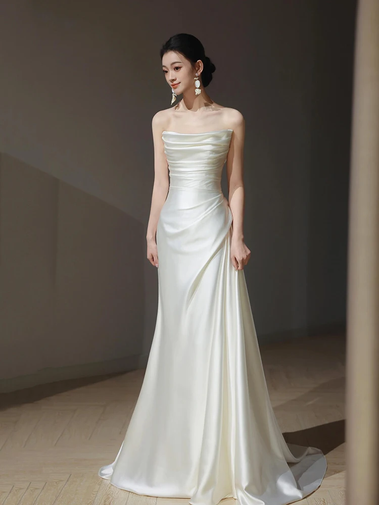 

Элегантное свадебное платье из мягкого атласа со шлейфом для невест, белое, без бретелек, на молнии, для отелей и мероприятий