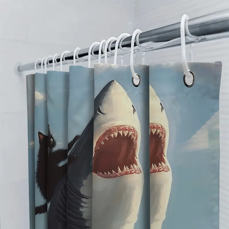Black Cat Riding Shark Digital Printing Shower Curtain - Unique Home Decor Idea for Bathroom Waterproof  Durable  Elevate Space