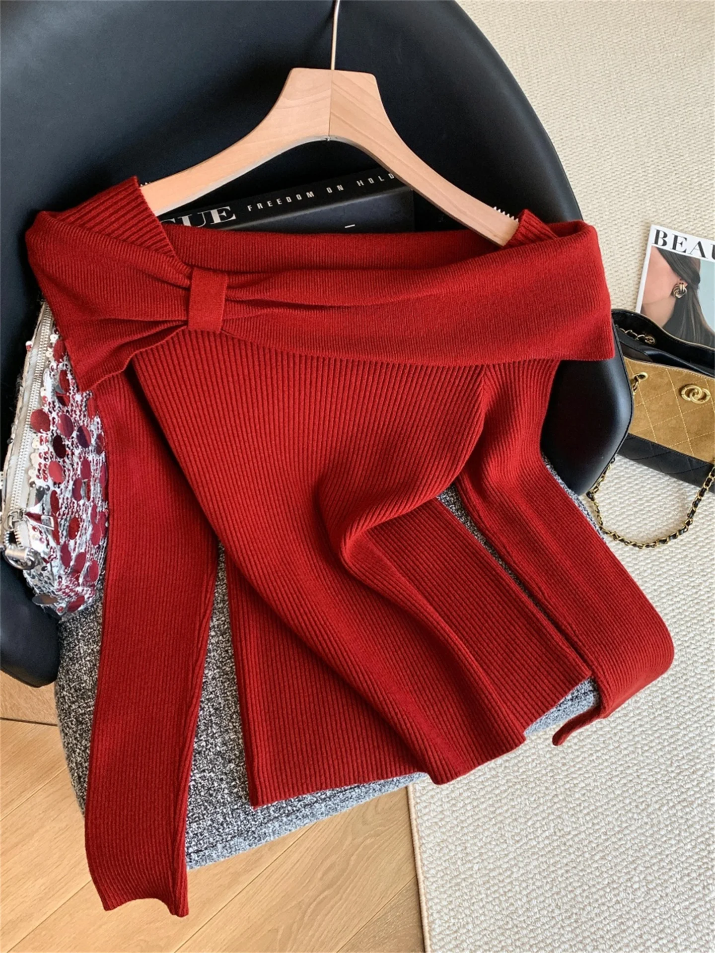

Sweet Knot One oulder Soft Cozy Knitted Sweater Women's Autumn Winter Slim Fit Inner Wear Knot Sle Pure Color