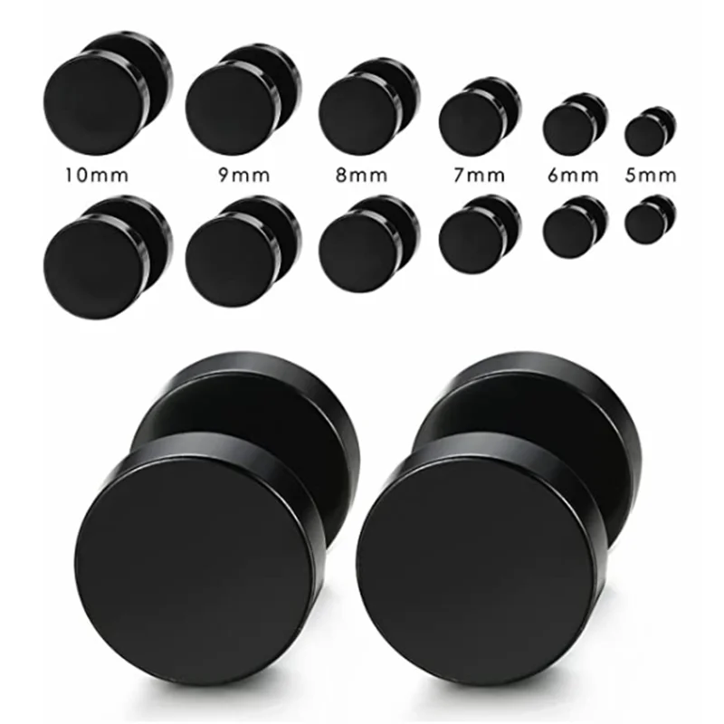 2 Pairs Stainless Steel Barbell Stud Earring For Men Women 6-10mm Black Earrings For Men Stud Punk Fake Ear Gauge Earring Stud