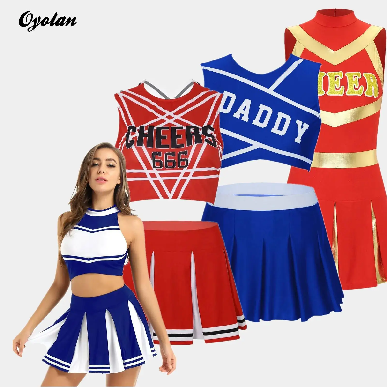 

Women Adults Cheerleading Uniform Cheerleader Costume School Girls Halloween Cosplay Outfit Crop Top with Mini Pleated Skirt