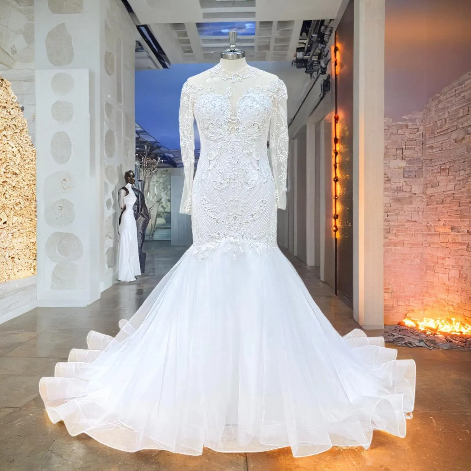 

Hire Lnyer O-Neck Buttons Up Back Long Sleeve Beading Pearls Sequins Mermaid Wedding Dresses Vestido De Novia Sirena