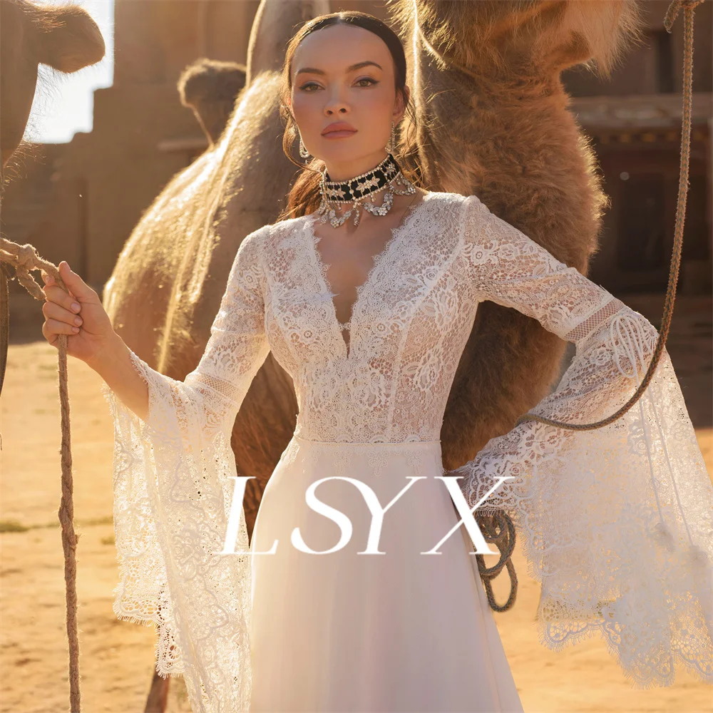 LSYX Boho Long Flare Sleeves Crepe Lace V-Neck Mermaid Wedding Dress Illusion Button Back Court Train Bridal Gown Custom Made