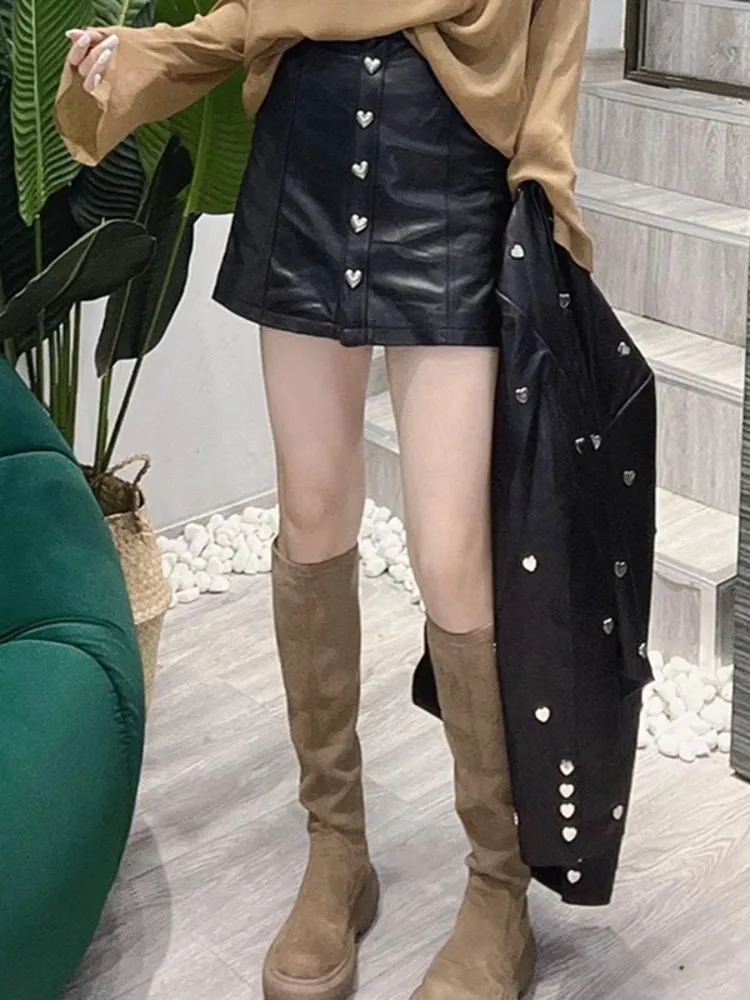 Fashion Women Heart Rivets Genuine Leather Jacket Mini Skirt Two Piece Set Elegant Office Ladies Slim Fit Real Sheepskin Outfits