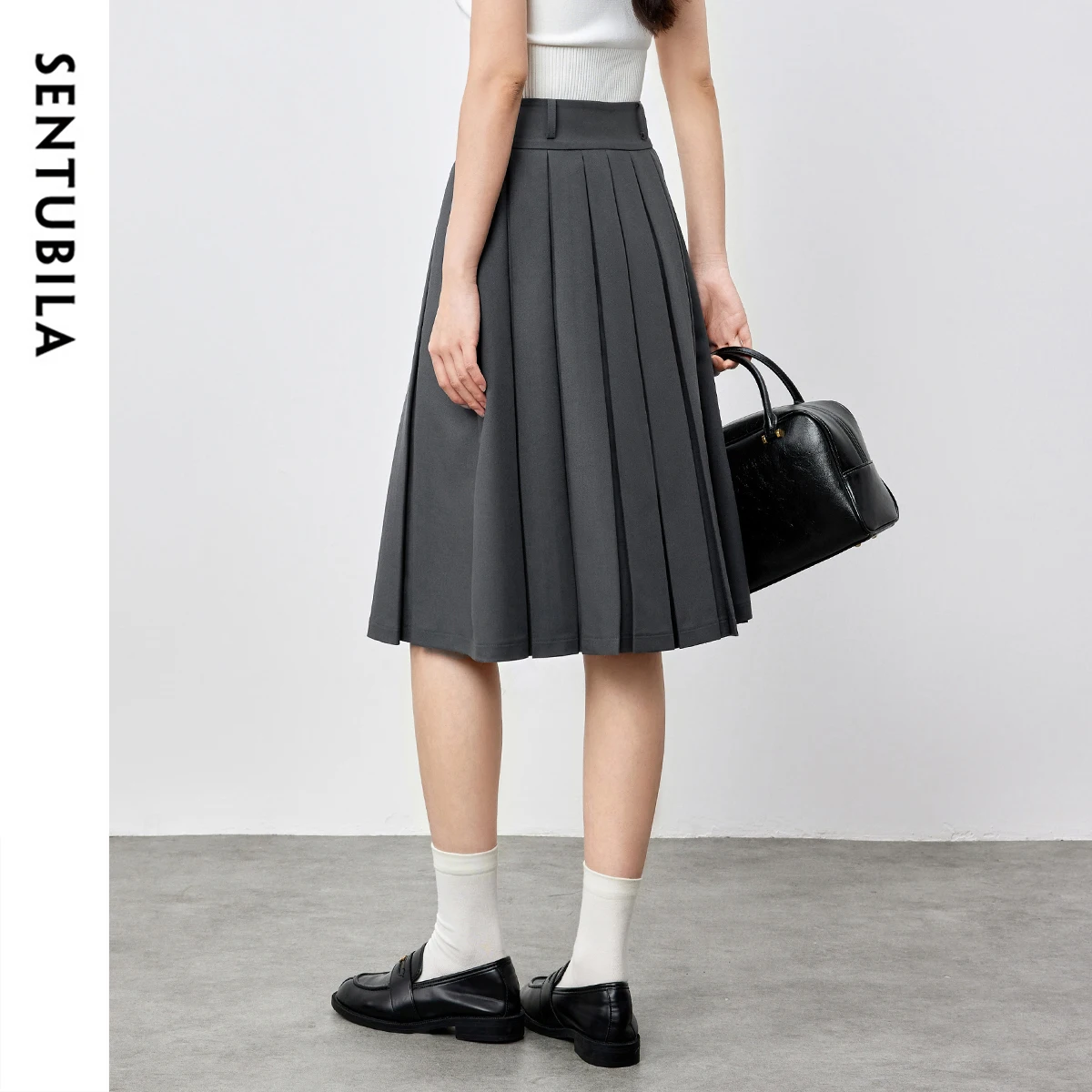 SENTUBILA Preppy Style Pleated Skirts for Womens 2025 Spring Grey New Texture Commute A-line Elegant Mid-length Skirt 151Q58822