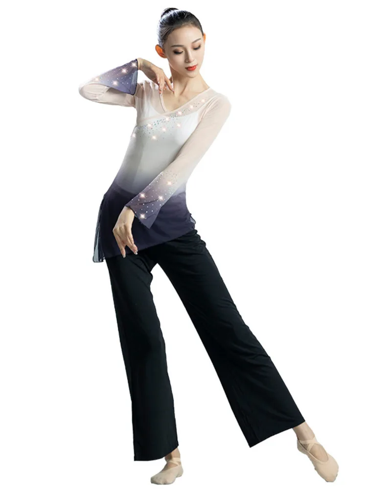 Long Sleeves Modern Dance Top Wear Halloween Costume Latin Women Mesh Line Rhinestones Ballet Ballroom Shirt Jazz Gradient Adult