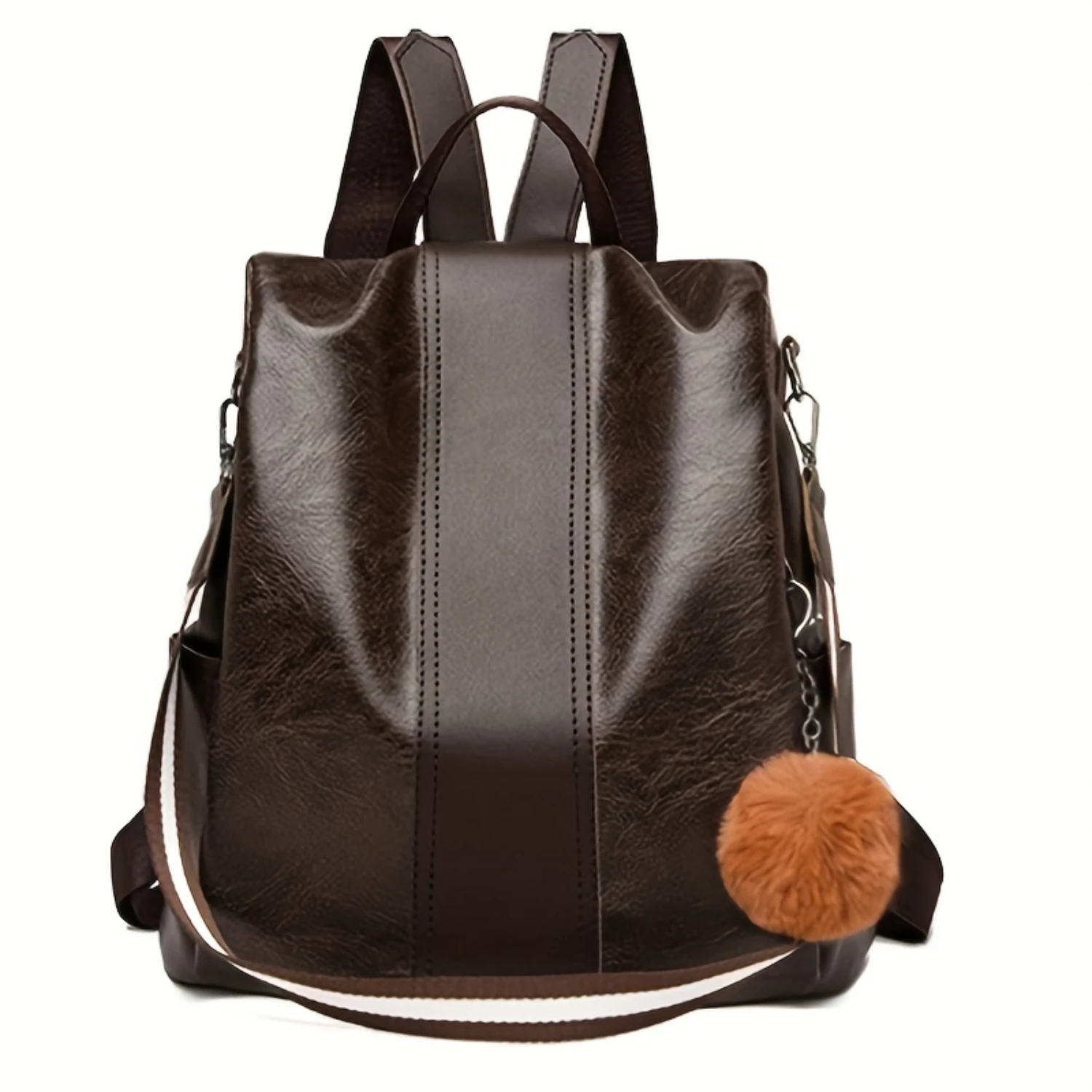 Women's PU Leather Backpack With Pompom Charm, Multi-Purpose Casual Daypack With Shoulder Strap