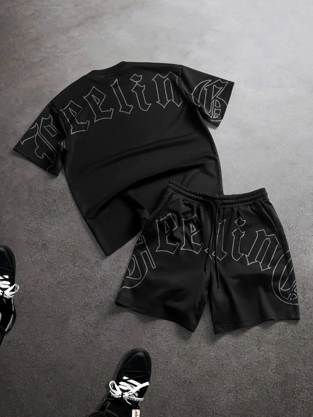 American Child's Herren-Sommer-Set mit Gothic-Buchstaben-Print, weichem, atmungsaktivem Rundhals-T-Shirt und Shorts mit Kordelzug, Outdoor-Streetwear – Detail 4