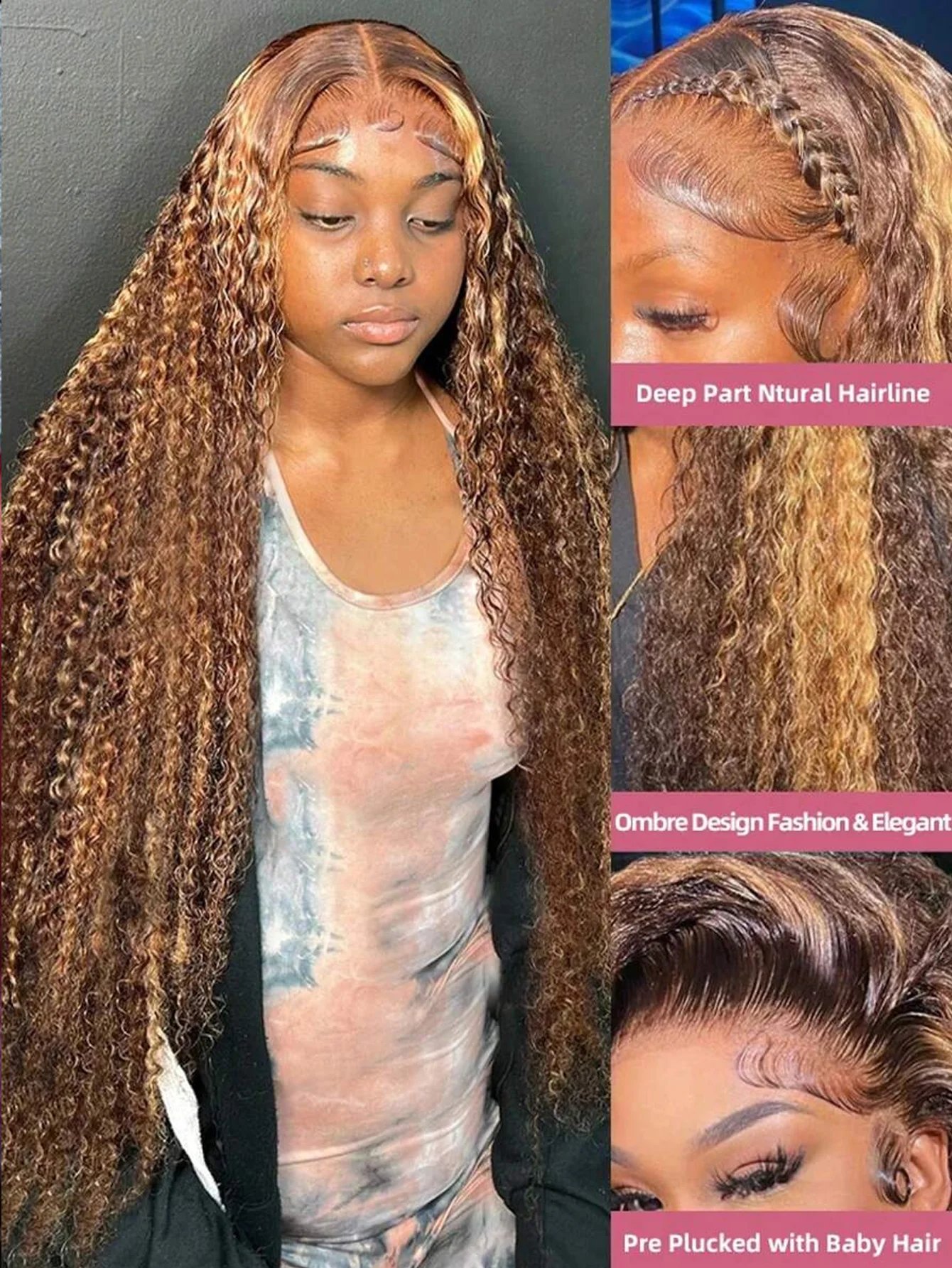 ハイライトウィッグ人毛カラーカーリーウィッグ13x4 HDレースフロントウィッグブラジル産4/27ディープウェーブレースフロントウィッグ女性用