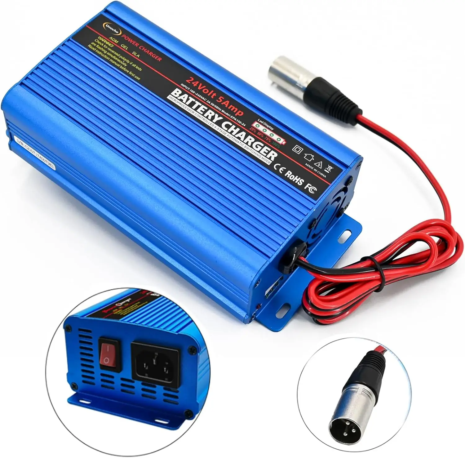 

24V Automatic Smart Charger with 5A Trickle & I/O Switch, XLR Connector for AGM Gel Lead-Acid Batteries in Cars, Boats