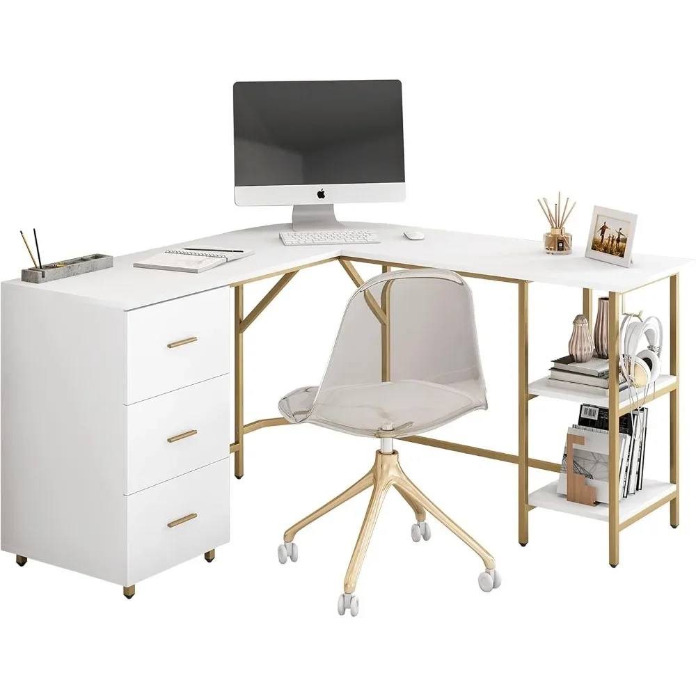 Office Desk L-shape desk in an industrial wood grain touch with steel accents.Three White pullout storage drawers Office Desk