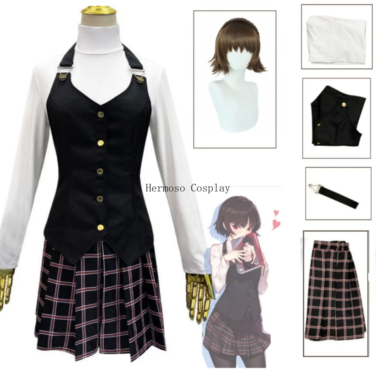 

Makoto Niijima Cosplay Costume Anime Persona Cosplay Long Sleeve Knitted Top Printed Skirt Stockings Vest Wig School Uniform Set