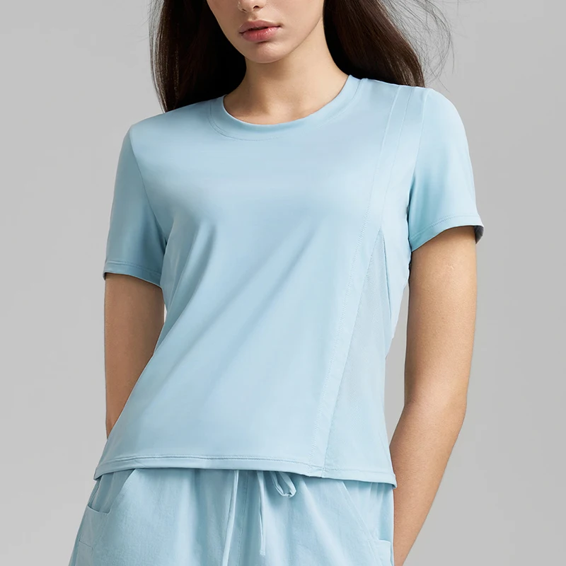 

Spring Summer New Solid Color Round Neck Sports T-shirt Women Loose Yoga Short-Sleeved Shirt Breathable Mesh Yarn Fitness Wear