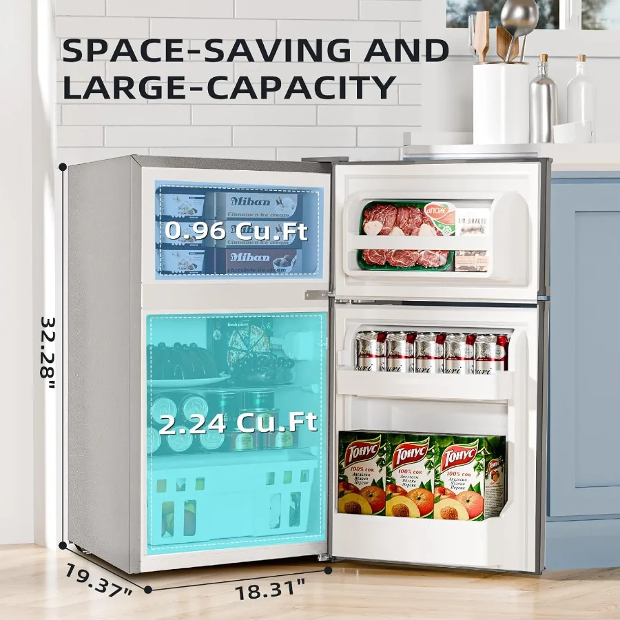 3.2 Cu.Ft Compact Mini Refrigerator with Freezer Double Door Design Adjustable Thermostat Energy-Efficient Cooling for Bedroom