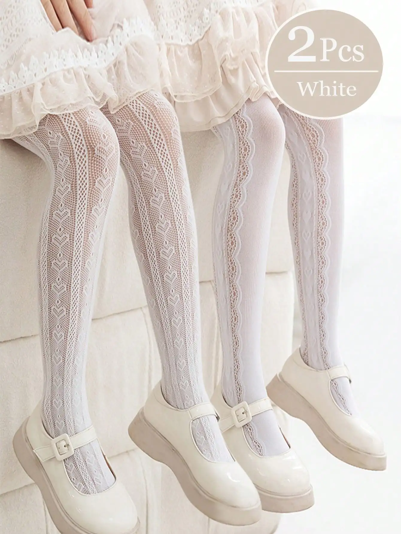 2 Stück Kinder Mädchen Herz-Netz-Spitzenstrumpfhosen Nylon-Spandex Atmungsaktive Strumpfhosen für 1-12 Jahre Kleinkinder Sommer Prinzessinnen-Socken – Detail 1