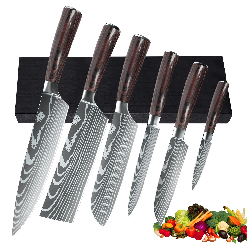 6PCS Kitchen Knife Stainless Steel Chef Knife Bread Boning Meat Cleaver Fruit Knife Slicer Vegetable Paring Cooking Tool