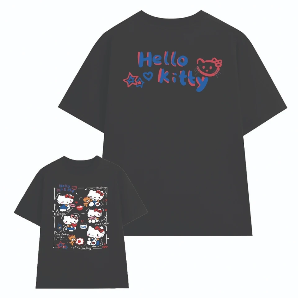 Playera de Hello Kitty con estampado de carta y garabatos, algodón, Y2K, de corte amplio, linda, para mujer 4