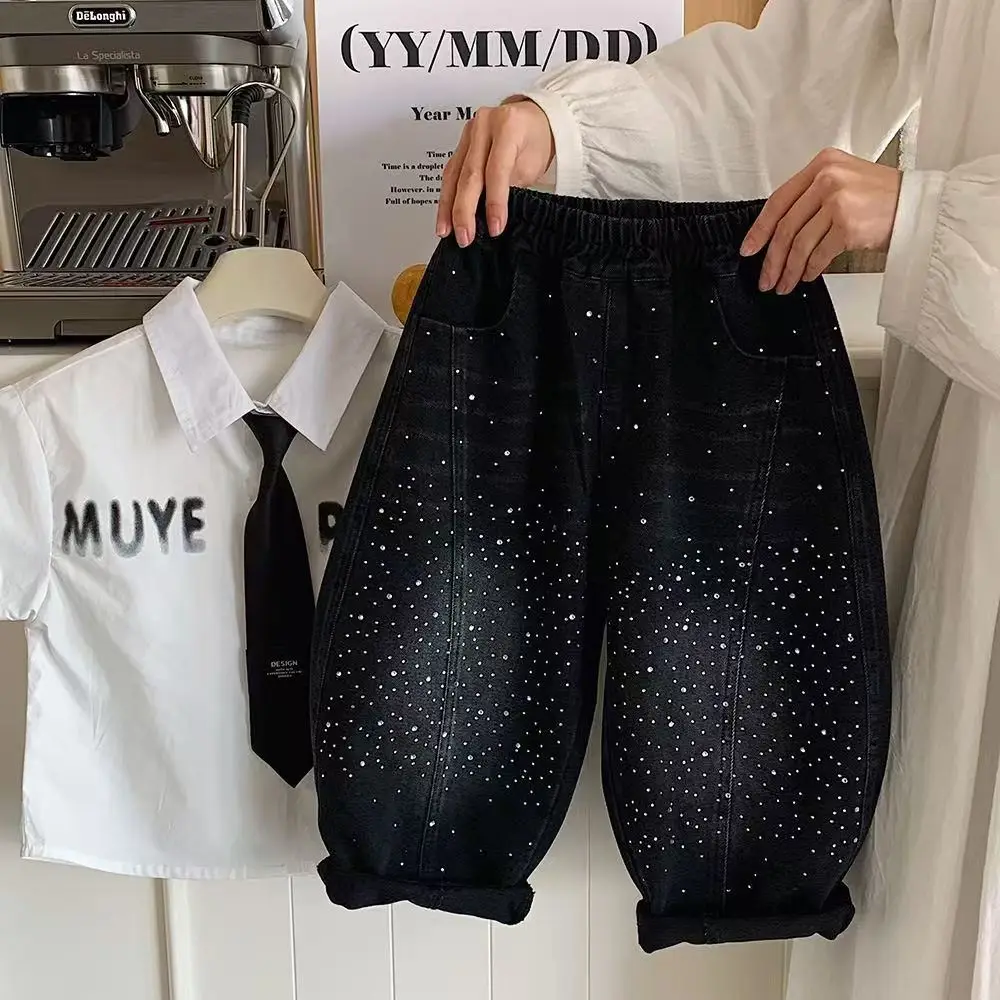 Children's Pants 2026 Spring New Trendy Cool Hot Diamond Denim Casual Pants For Boys And Girls Stylish Curved Knife Pants 3