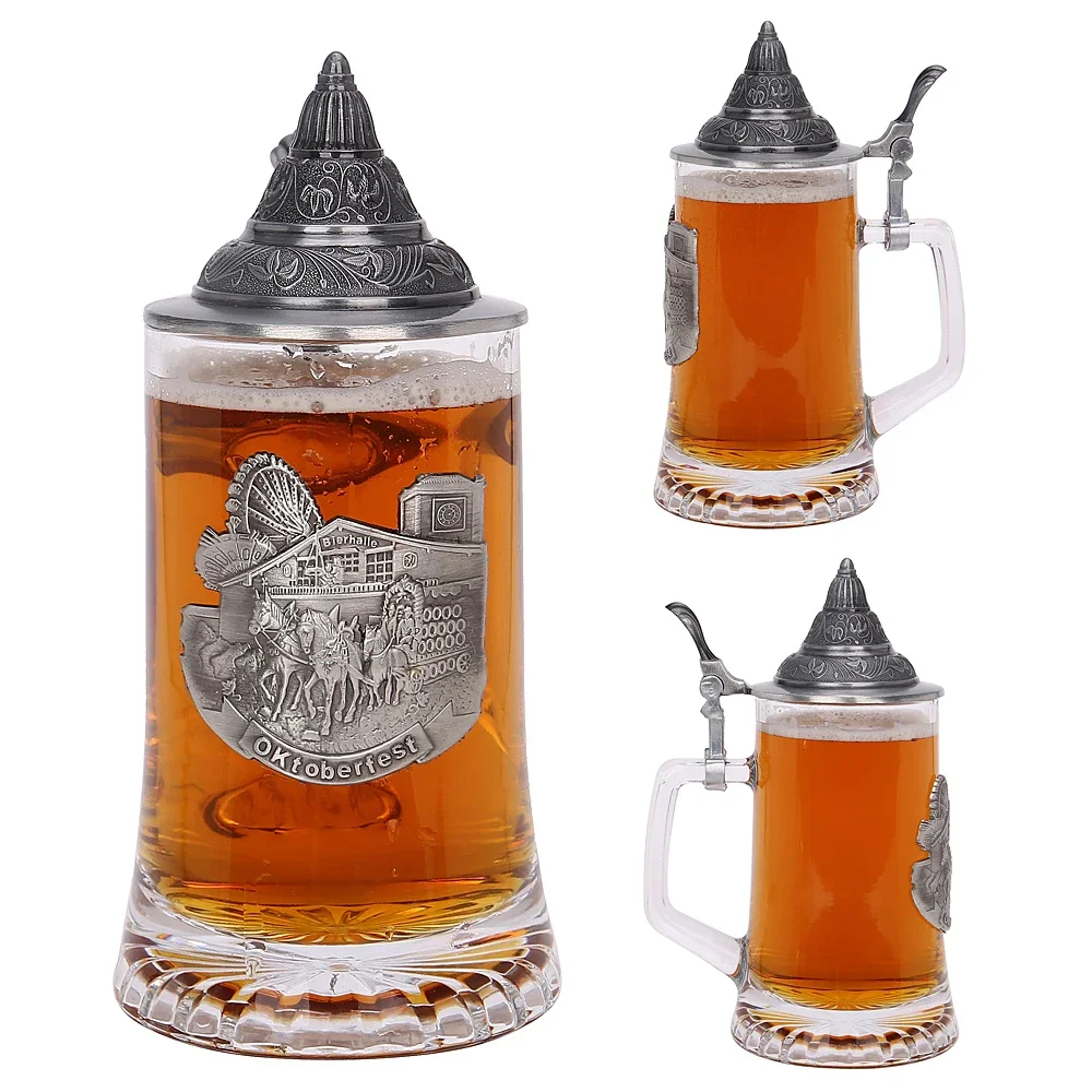 German Beer Mugs Coffee Cup Creative Tea Mug Home Decor Glass Coffee Cup with Lid Tankard 500ml Water Cups Mens Gifts Christmas