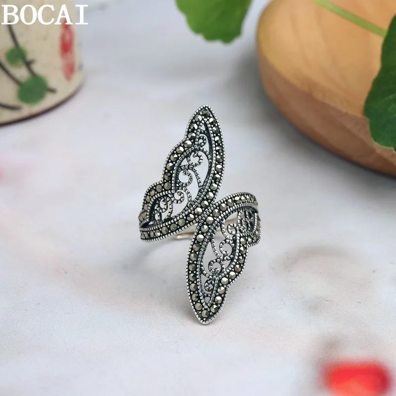 BOCAI New S925 Sterling Silver Jewelry Fashionable And Exaggerated Set With Maxaystone Hollowed Out Ring Women's Selected Gi