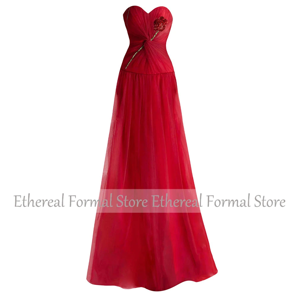 فستان سهرة من التول الأحمر لحفلات الزفاف بدون حمالات فستان سهرة نسائي على شكل حرف A فساتين رسمية