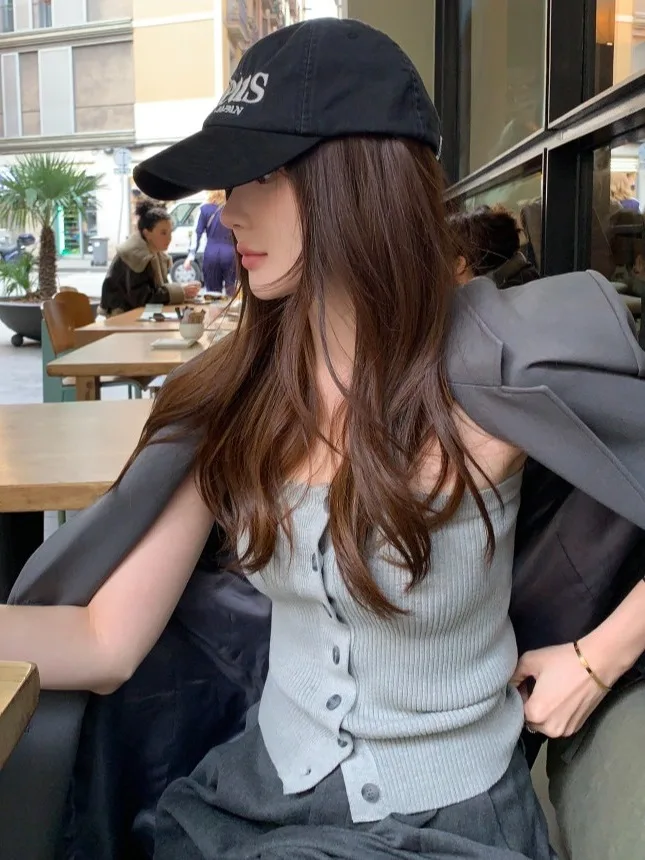 

2025 Vintage Knitted Tube Top Women's Pure Desire irt + Plaid Collar Long Sve irt Two-Piece Set Trendy Women's Clothing