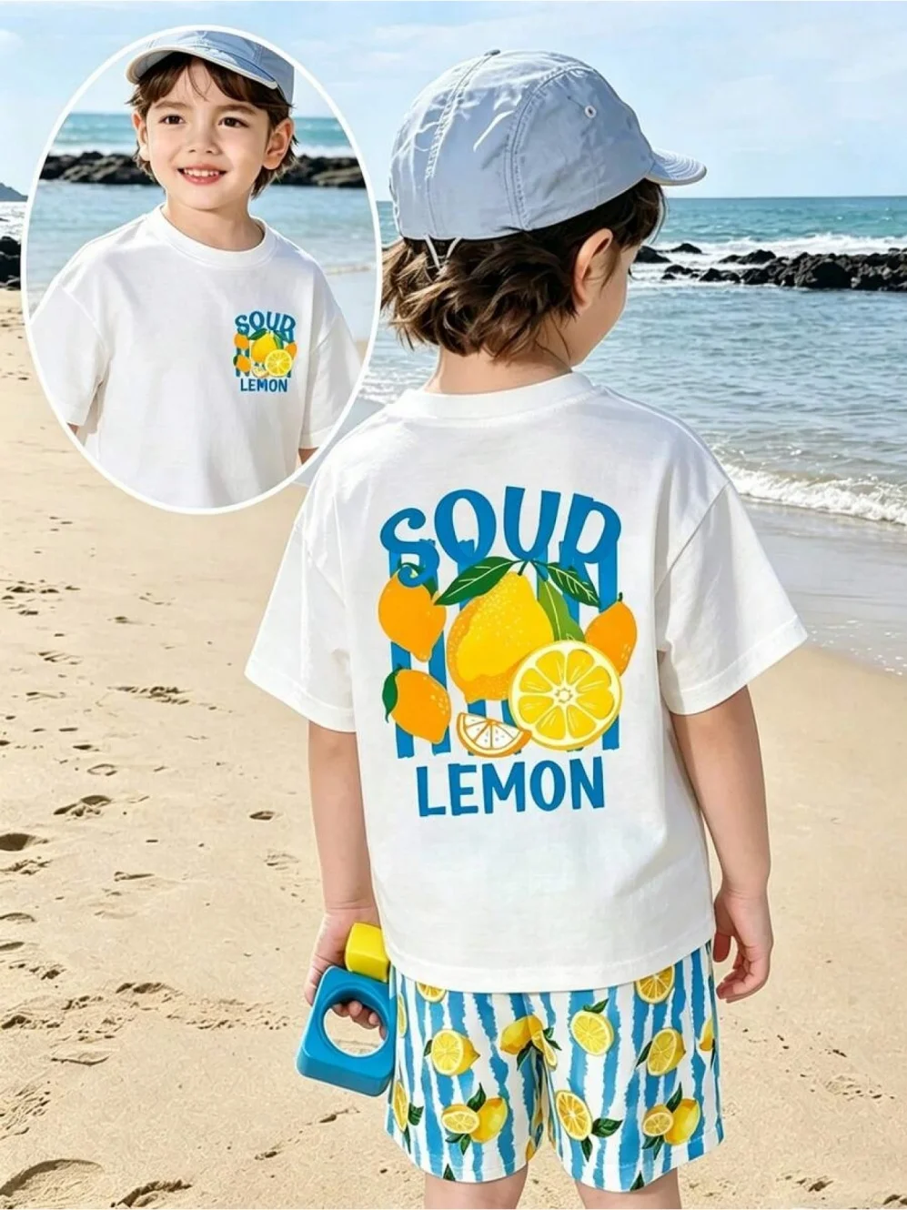 Neue Sommer-Kinderkleidung für Jungen, verspieltes Muster, Rundhalsausschnitt, kurzärmeliges Oberteil, gewellte Streifen-Shorts, bequeme Kinderkleidung – Detail 7