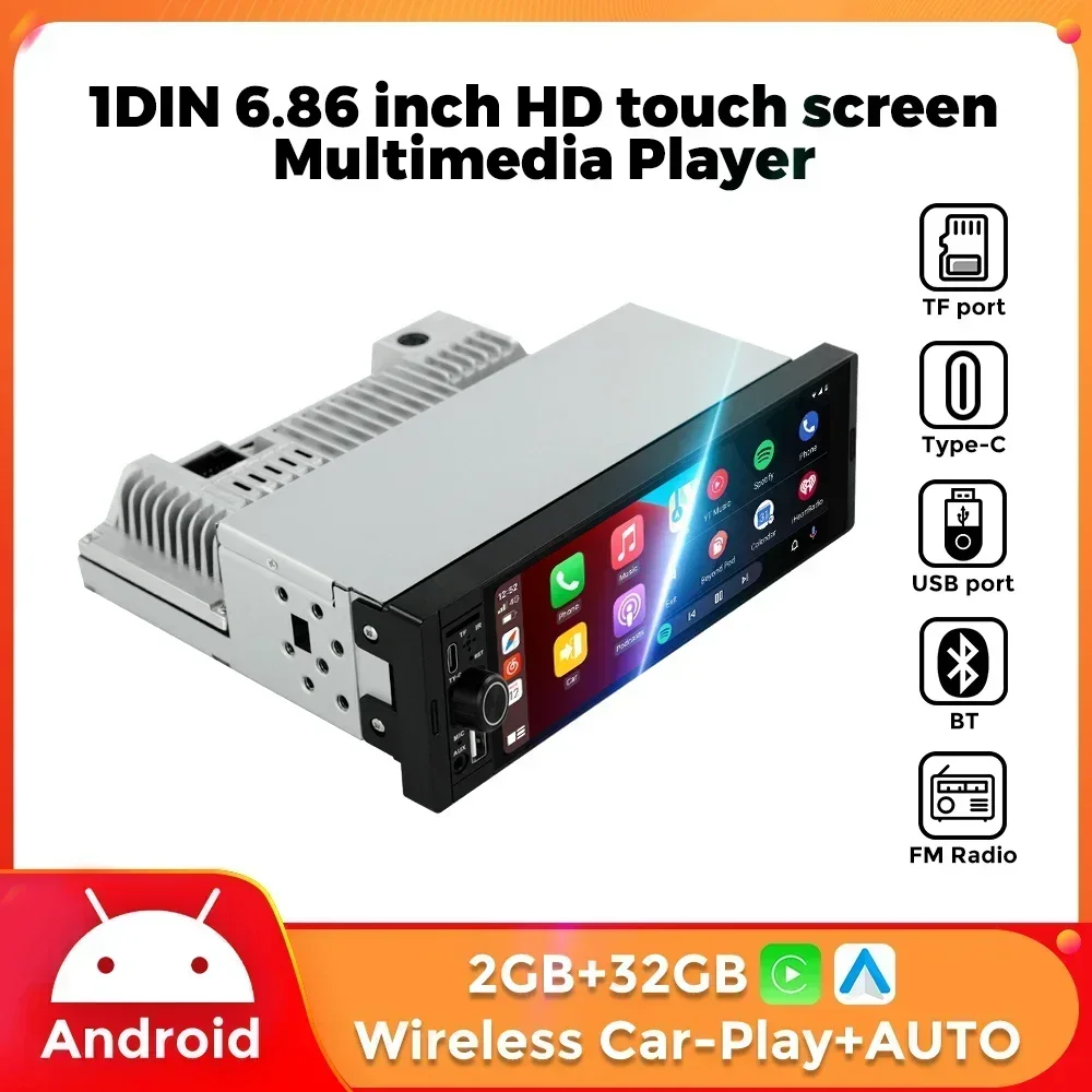 

2G 32G Universal 1 Din Android 6.86 Inch HD Touch Screen Wireless CarPlay Auto Car Radio FM Stereo GPS Multimedia Video Player