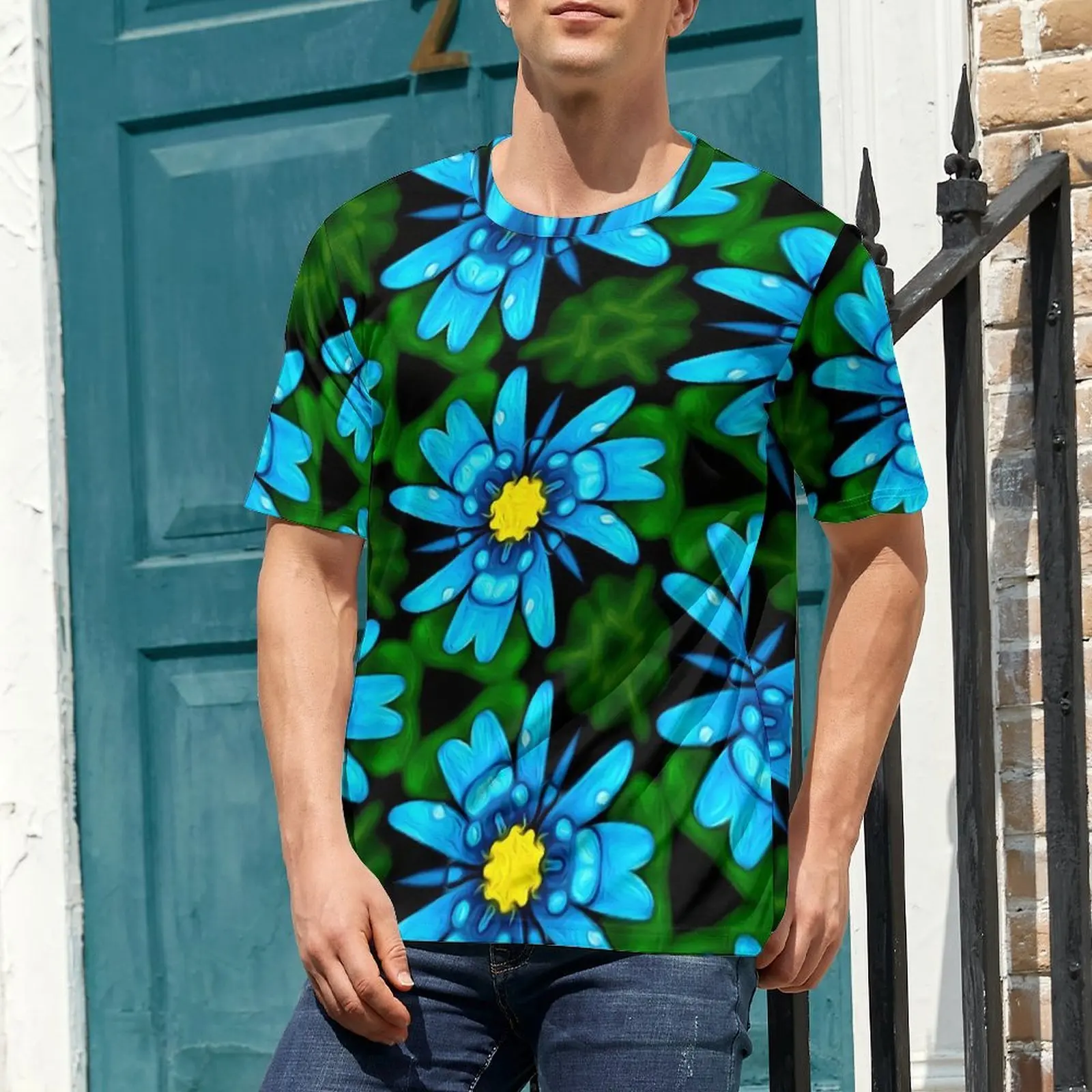Summer T-Shirt Blue Daisy T-Shirts Beautiful Flower Print Casual Retro Tee Shirt For Couple Short Sleeve Design Oversize Clothes