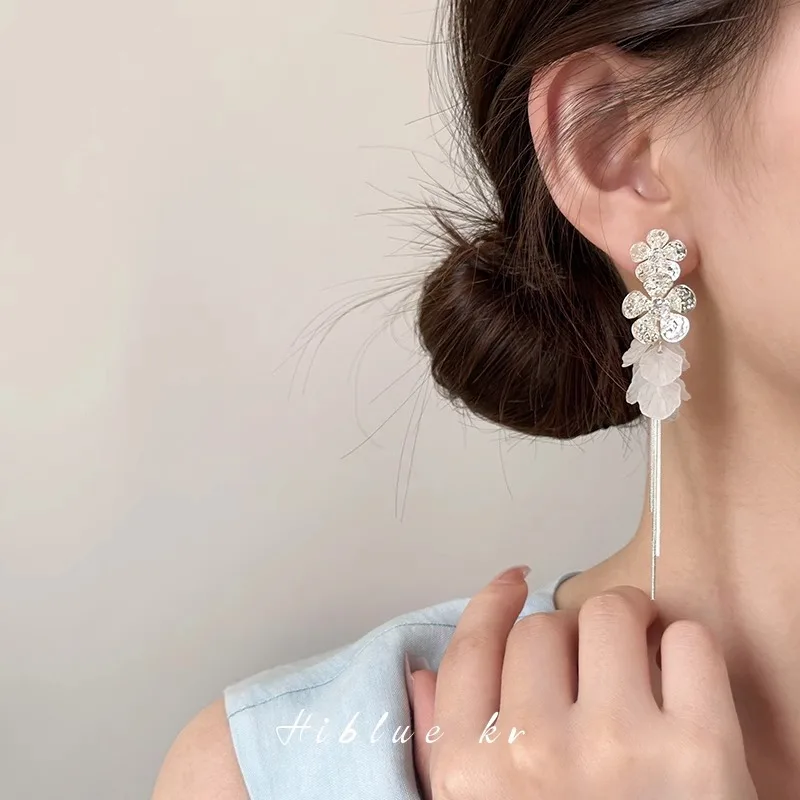 Earrings Long Tassel Zircon Flower Shell Silver Tone Beach Vacation Elegant Chic Lightweight Women Office Casual Jewelry