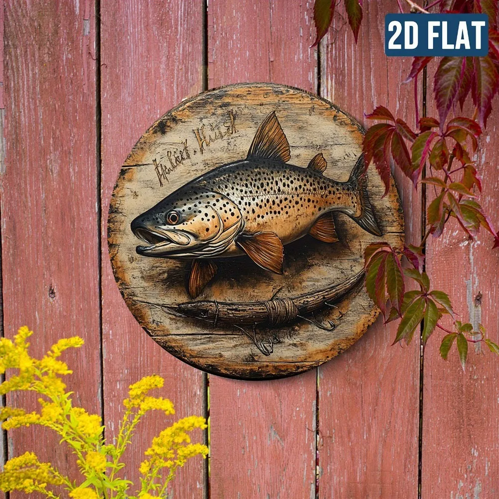 ديكور حائط معدني مسطح ثنائي الأبعاد لصيد الأسماك - فن سمك السلمون المرقط البني - لافتة ألومنيوم مقاومة للماء والغبار - سهلة التعليق