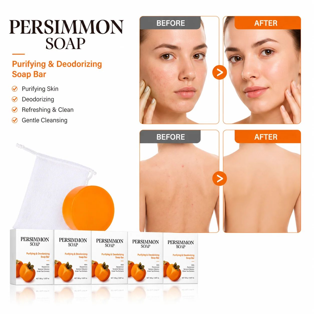 5PCS Persimmon Deodorizing Soap Bars with Foaming Bags, Deep Cleansing Body Soap with Shea Butter, Fresh Skin Care for Shower &
