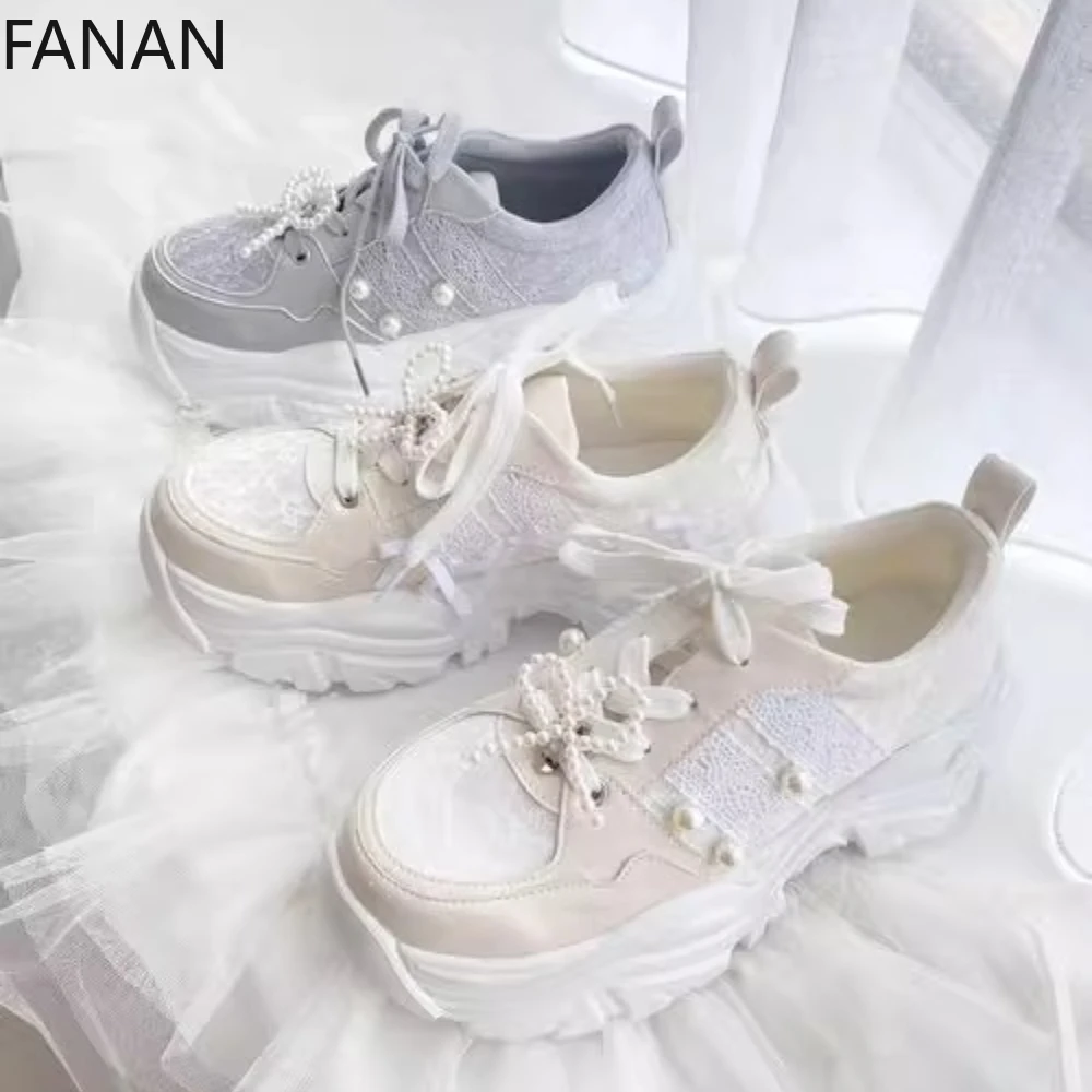 

Lolita Chunky Sneakers Casual High Heel Sports Shoes 2025 New Pearl Lace Bow Japanese Mesh Breathable Flat Platform Shoes