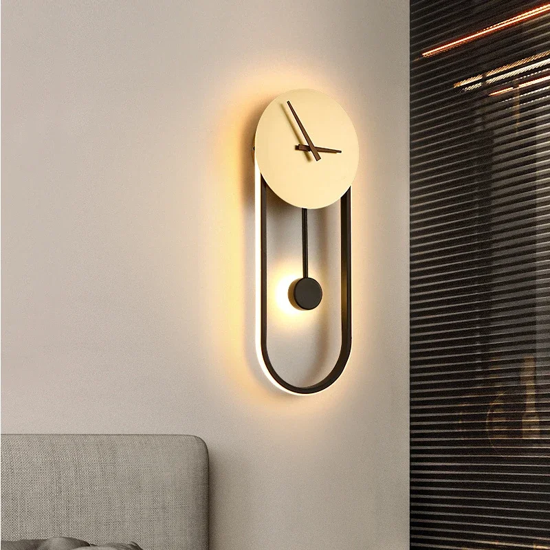 Lámparas de pared de reloj de lujo para sala de estar, Fondo de TV, luces de pared de pasillo, reloj silencioso nórdico, iluminación de cabecera de dormitorio