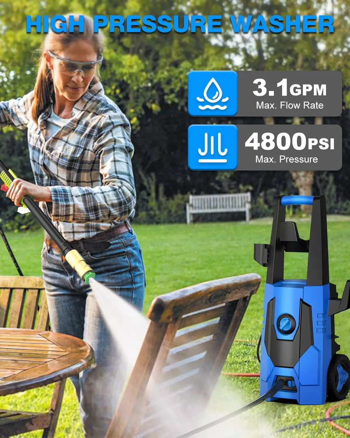 Electric Pressure Washer, 4800PSI Max 3.1 GPM Portable Power Washer with 35FT Cord, 20FT Hose, 4 Quick Nozzles, Foam Cannon High