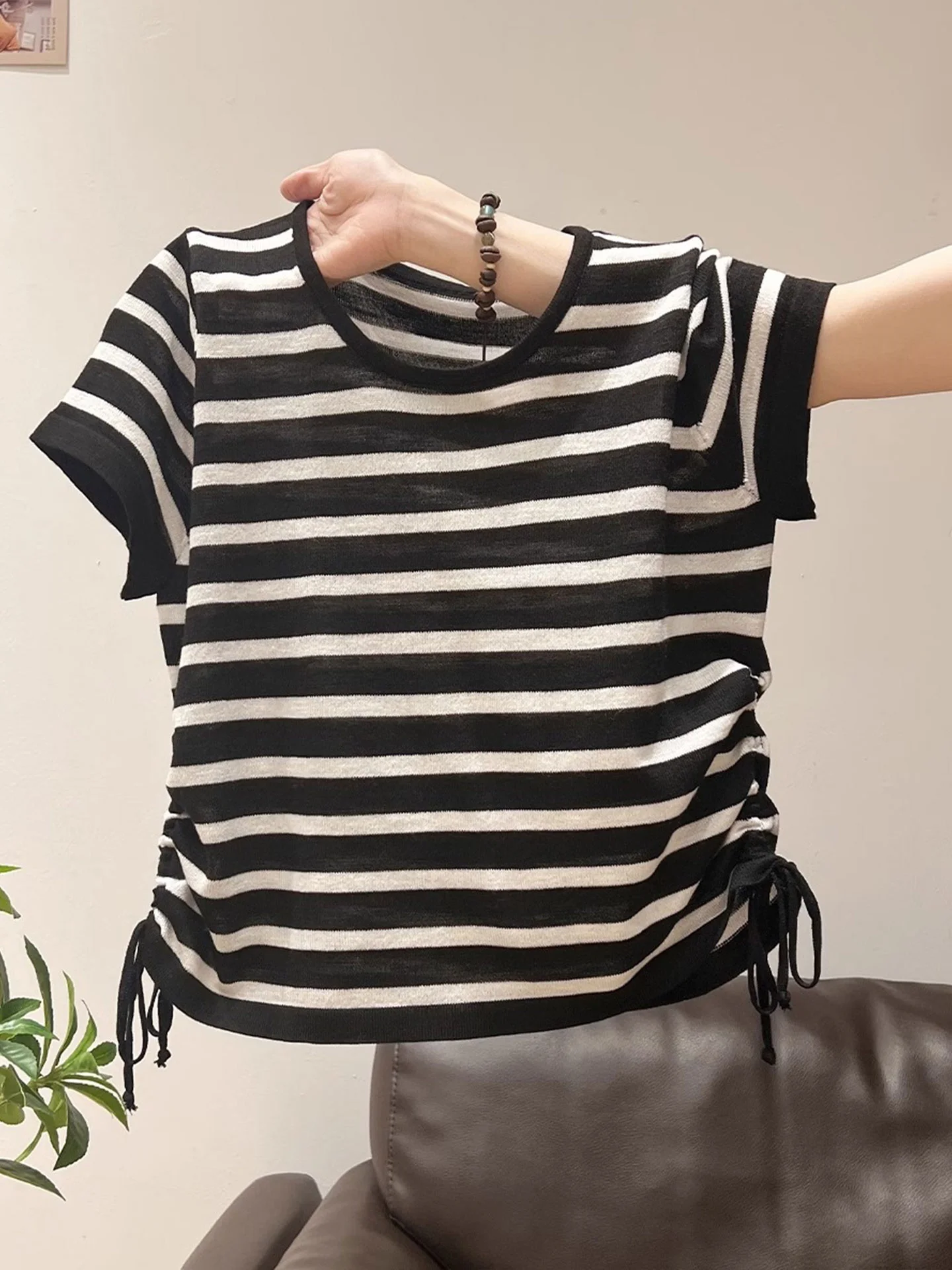 Minceur côté Dstring taille ort Sve rond Ne haut tricoté couleur Blo été Faionable Base irt femmes Sle